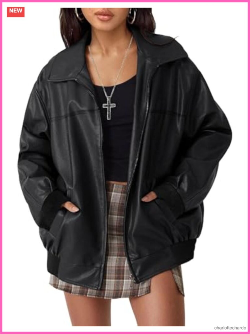 Faux Leather Oversized Bomber Jacket Zip Up Fall Coat